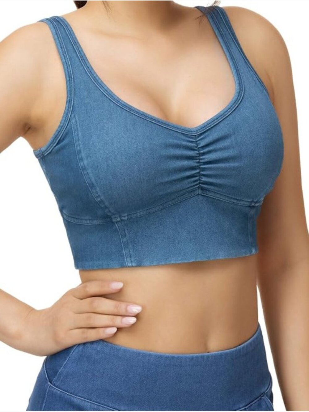 Stretchy Ruched V-Neck Wireless Padded Denim Sports Bra